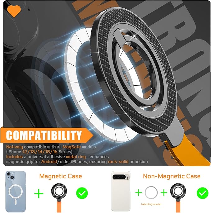Magnetic Phone Grip with Magnet Stand – 360° Rotatable Finger Ring Holder & Strong Kickstand, Compatible with iPhone 16/15/14/13/12 Series (Hands-Free Viewing) (BlackOrange)