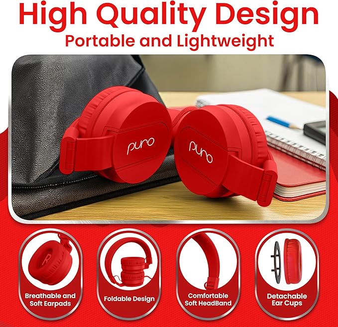 Puro Sound Labs PuroBasic Wired Headphones for Kids - Volume-Limiting & Adjustable with Microphone – Compatible with Smartphones, Tablets, PCs, and More – Safe, Durable Headphones for Kids – Red
