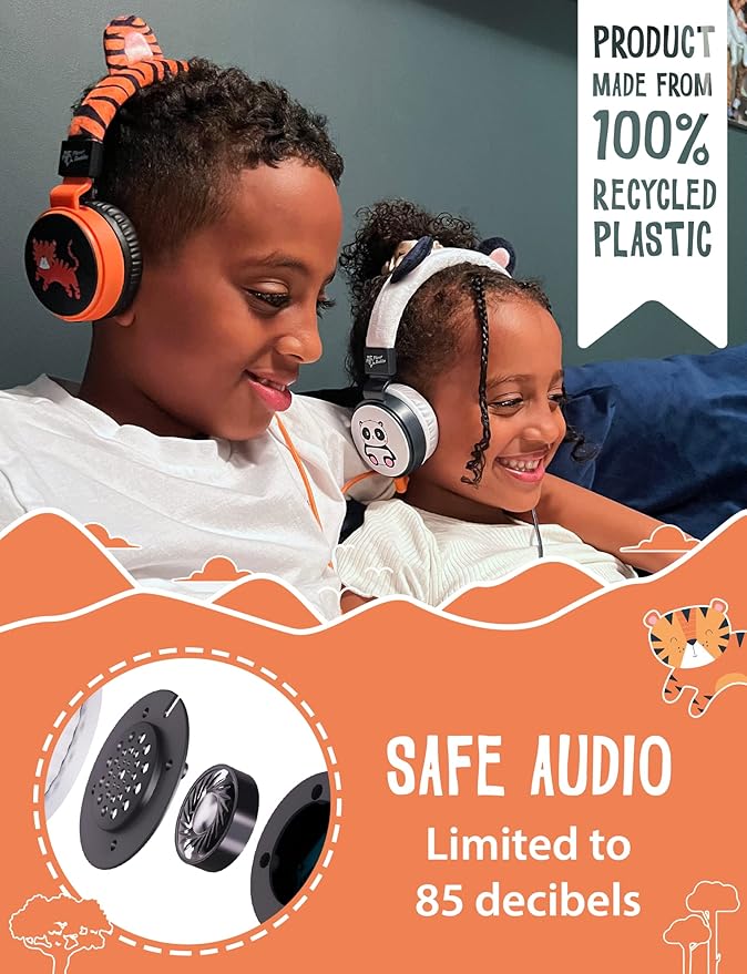 Kids Headphones for School with Tiger Cat Ears, Safe Volume Limited, HD Mic Stereo Sound On-Ear Girls Boys Headphones for Kid, Foldable 3.5mm Wired Kids Earphones for iPad, Tablet or Computer - Furry