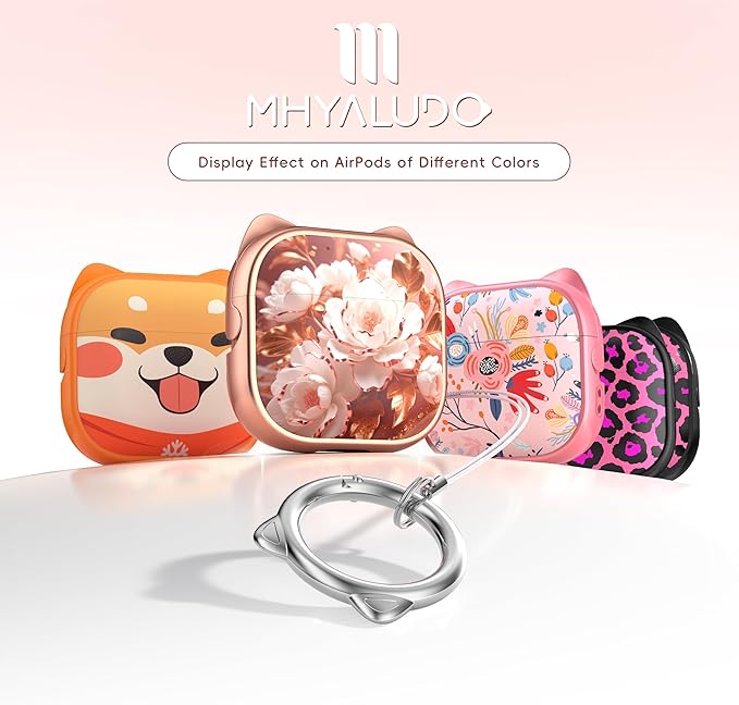 for AirPods 4 Case with Cleaning Kit, Cute Cat Ear Print Design & Cute Buckle, Inverted Phone Holder Design, Top Safe Lock Buckle Design, for Girls AirPods 4 case 2024, Rose Gold Peony