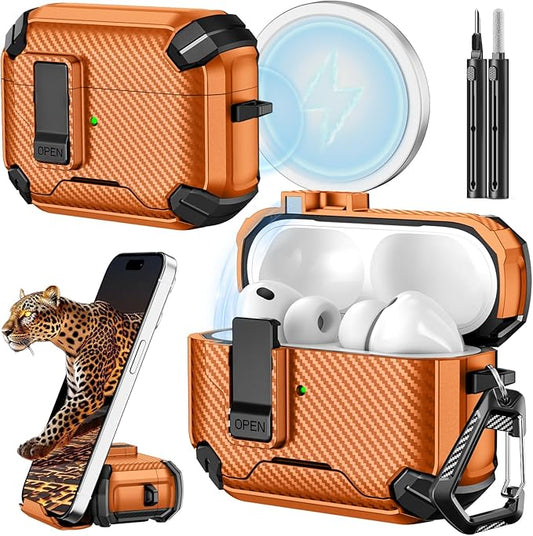 Inesore for AirPods Pro 3 Case (2025) with Phone Stand & Cleaning Kit,Compatible with Magsafe,Magnetic Automatic Lock Cover for AirPods Pro 3rd Generation,Orange