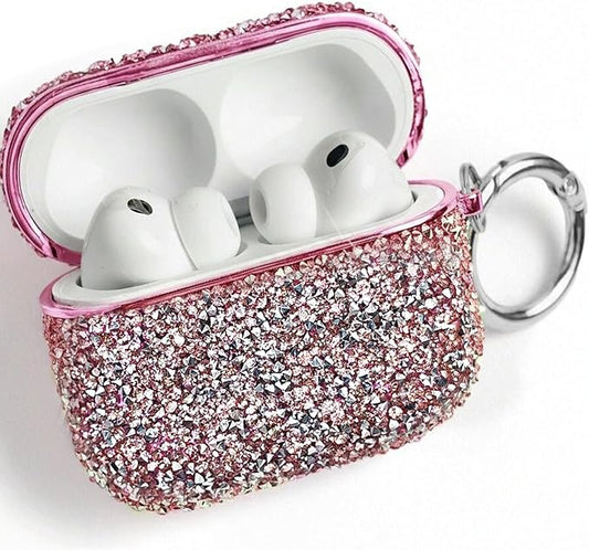 for Cute Glitter AirPods 4 Case for Women| Bling Hard Airpod iPods 4 Cases | with Keychain | Sparkly Rhinestone Air Pods 4 Generation Case for Women Girl- Model A3058/A3059(Pink)