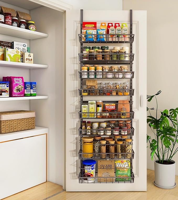 Over The Door Pantry Organizer, Wall Mount Spice Rack, Pantry Hanging Storage and Organization, 8 Adjustable Baskets Heavy-Duty Metal for Home & Kitchen, Back of Door Seasoning Rack - Black