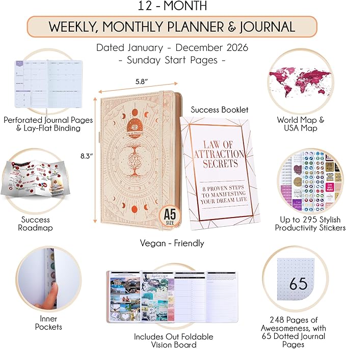 Law of Attraction Planner 2026 Deluxe with Productivity App | Weekly & Monthly Goal-Setting Planner, Life & Gratitude Journal | Include Foldable Vision Board, Gift Box & Stickers