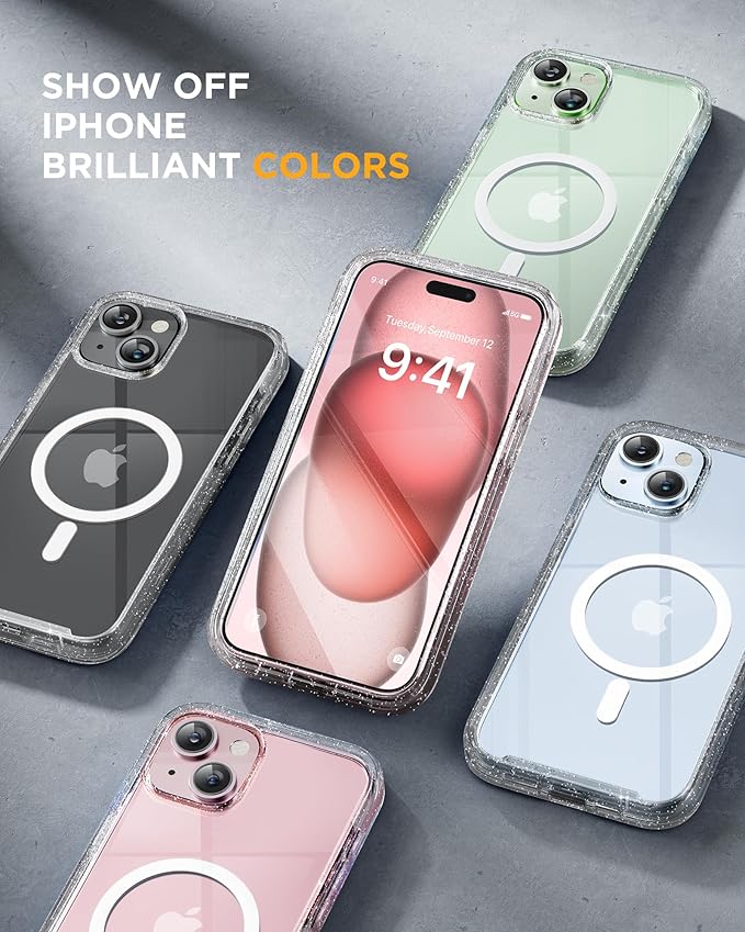 Miracase Glass Series Case for iPhone 15 [Compatible with MagSafe] Full Body Magnetic Case with Built-in 9H Tempered Glass Anti-Fingerprint Screen Protector + Camera Lens Protector, Clear Glitter