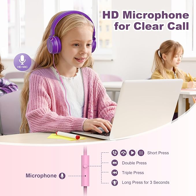 Kids Headphones, Wired Headphones for Kids On Ear with Microphone, 93dB Volume Limiter Headphone for Girls Boys, Foldable Lightweight Headphone for School Learning & Entertainment, Pink Purple