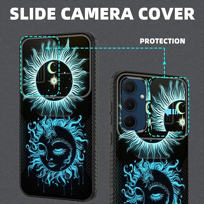for Galaxy A35 5G Case Built in Slide Camera Lens Cover,Heavy Duty Shockproof Protection Dual Layer Case for Samsung Galaxy A35 5G 6.6 inch 2024,Sun Moon