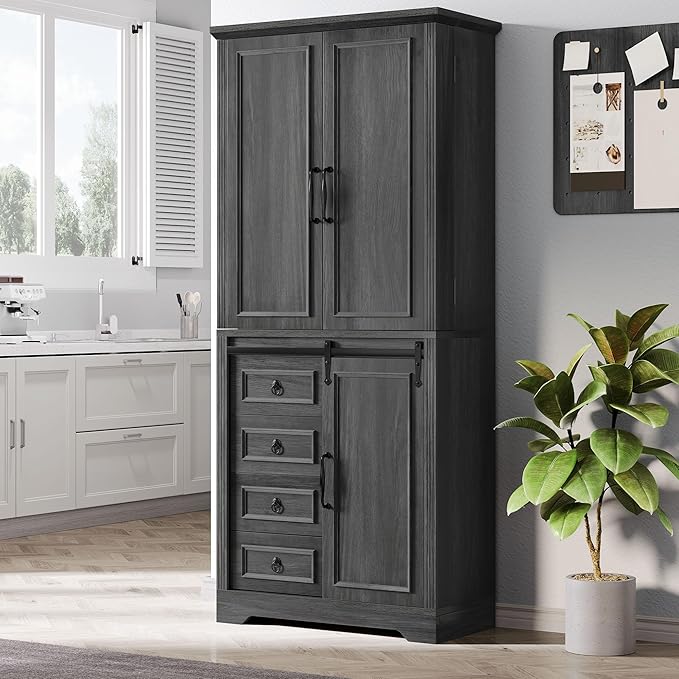 DWVO 71" Kitchen Pantry Storage Cabinet with Barn Doors, Tall Kitchen Cabinets with 4 Drawers and Adjustable Shelves, Versatile Storage for Living Room, Dining Room or Hallway, Grey Rustic Oak