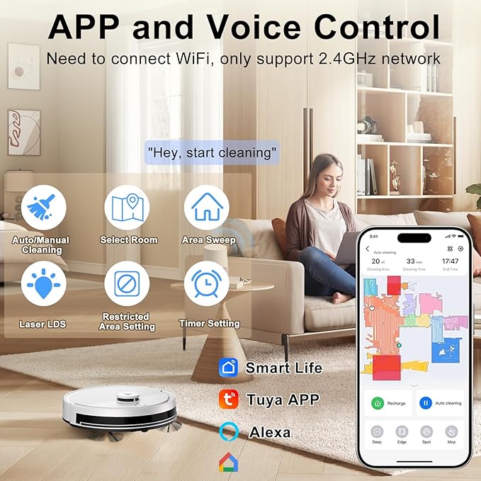 2025 Robot Vacuum and Mop Combo – LiDAR Navigation, Smart Mapping, 4000Pa Suction, 120-Min Battery, Alexa & App Control