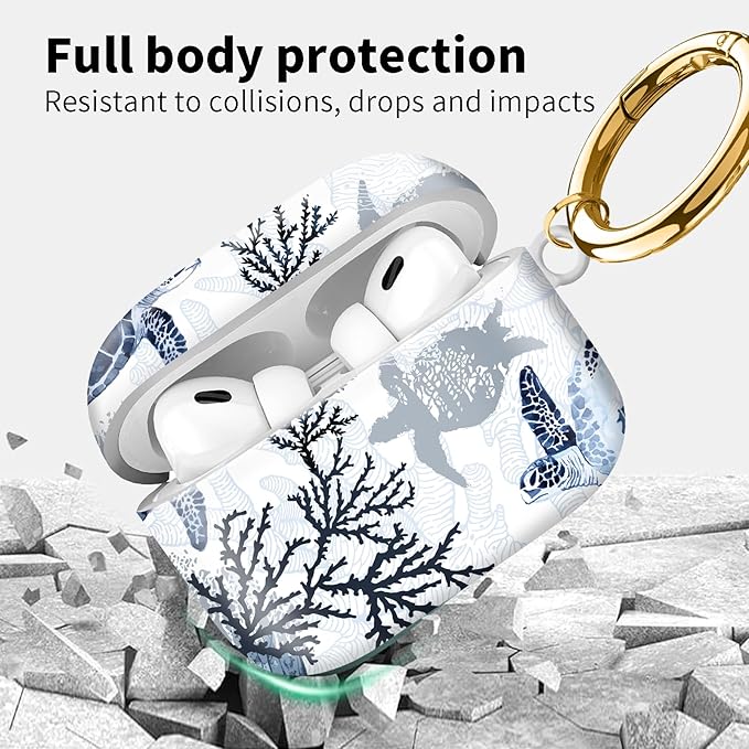 Compatible with Airpod pro 2nd/1st Generation Case Cover with Gold Round Keychain Cute Pattern Hard & Anti Slip Cover for Men Women & Girls（Swimming Turtles）
