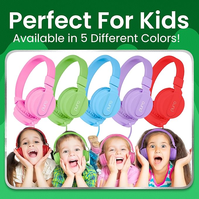 Puro Sound Labs Kids Wired Headphones – Volume-Limiting & Adjustable, Safer & Comfortable Headphones for Kids – Compatible with PCs, Smartphones & Tablets, Ideal for School & Travel – PuroBasic, Green
