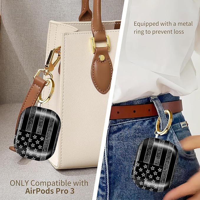 Compatible with AirPods Pro 3 (2025) Case, Airpod Pro 3 Protective Cover with Cute Golden Keychain for Girls & Women (American Flag)