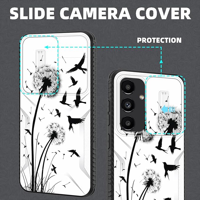 for Galaxy S24 Plus Case Built in Slide Camera Lens Cover,Heavy Duty Shockproof Protection Dual Layer Case for Samsung Galaxy S24 Plus (6.7") 2024,Dandelions and Birds