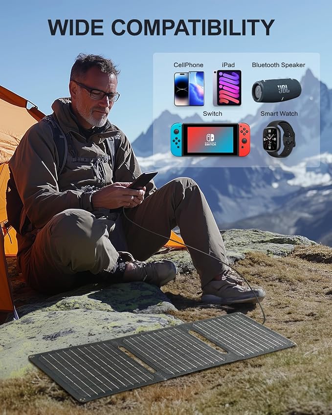 21W Portable Solar Panel, Foldable Solar Panel Charger(5V/3A), IP67 Waterproof for Camping, Hiking, Backpacking, Ultra-Fast Solar Phone Charger with Dual USB Ports for iPhone, iPad, Power Bank