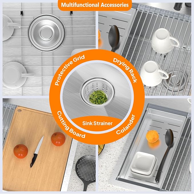 ROVSUN 30 Inch Stainless Steel Drop In, Kitchen Utility Sink, Workstation Deep Single Bowl, Integrated Ledge Multifunctional Workstation Sink Set,Silver
