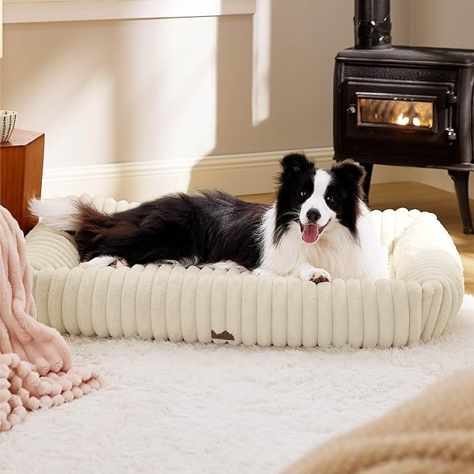 Bedsure Cute Dog Bed for Extra Large Dogs - Washable Furry XL Pet Beds, Rectangle Orthopedic Corduroy Fleece Pet Beds with Removable Zipper Cover, 43x30x8inches, Cream