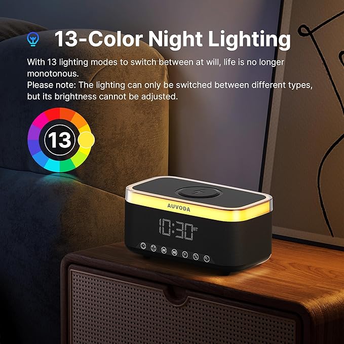 S300 10W Stereo Bluetooth Speaker with 15W Fast Wireless Charging, 13-Color Night Light, Alarm, White Noise, FM Radio, Portable, TWS, BT5.3, for PC, Smartphone, Home, Office & Bedroom (Black)