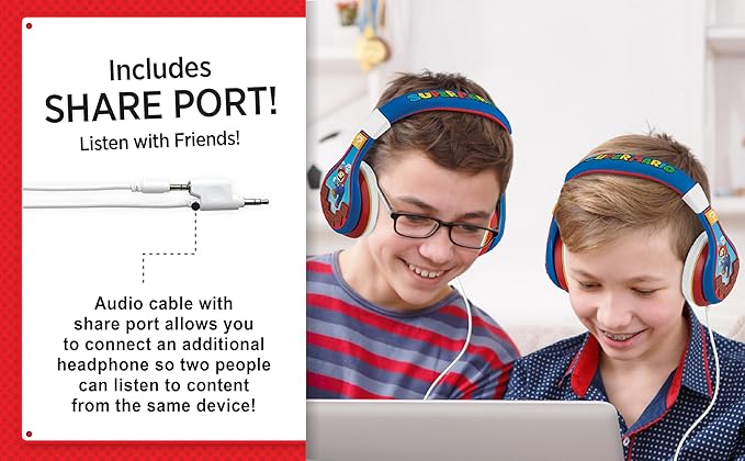 eKids Super Mario Kids Headphones, Adjustable Headband, Stereo Sound, 3.5Mm Jack, Wired Headphones for Kids, Tangle-Free, Volume Control, Childrens Headphones Over Ear for School Home, Travel