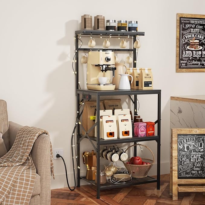 Kitchen Bakers Rack with Power Outlet, Coffee Bar Table 4 Tiers, Microwave Stand with 8 Hooks, Coffee Station and Organizer, Kitchen Storage Shelves Rack for Spices, Pots, Black