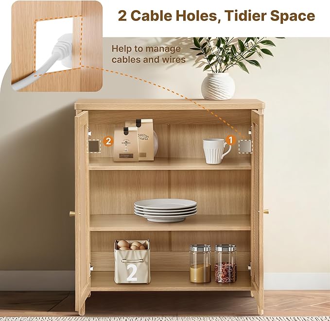 Rattan Sideboard Buffet Cabinet 2 Door Boho Kitchen Storage Cabinet Accent Console for Living Room, Hallway, Kitchen, Sideboard, Buffet Table Natural Oak