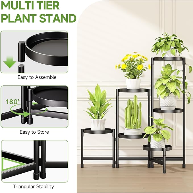 Plant Stand Indoor Outdoor with Metal Tray 6 Tiered Corner Plant Holders for Folding Plants Flower Pot Holder Display Stand for Living Room Balcony Garden-Black