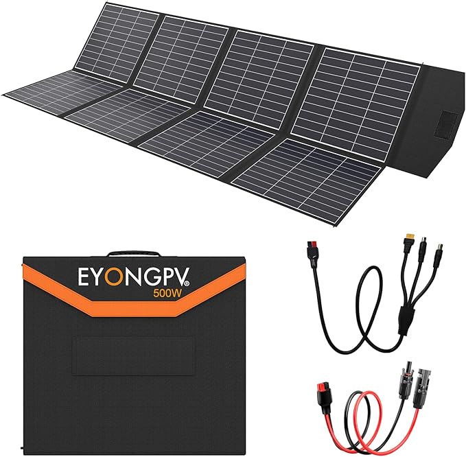 EYONGPV 500W Foldable Solar Panel, 26% HPBC Monocrystalline Cells, IP65 Waterproof Portable Solar Charger with 30A Anderson Output & 4.5m Cable, for RV, Camping, Outdoor Power Stations