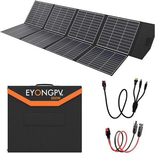 EYONGPV 500W Foldable Solar Panel, 26% HPBC Monocrystalline Cells, IP65 Waterproof Portable Solar Charger with 30A Anderson Output & 4.5m Cable, for RV, Camping, Outdoor Power Stations