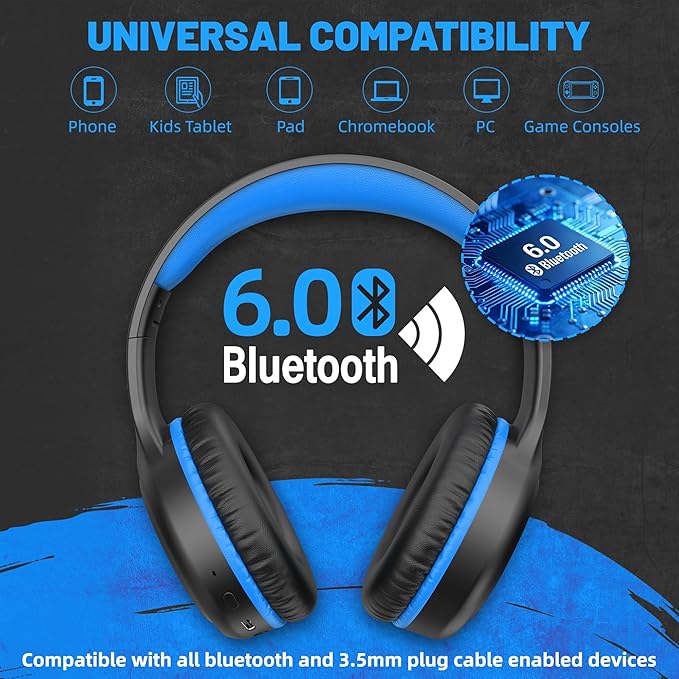 U2B Active Noise Canceling Wired & Wireless Bluetooth 6.0 Headphones with Microphone, Foldable Lightweight Head Phones with Volume Control‌ for Kids Adult School Black Blue
