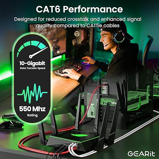 GEARit Cat 6 Ethernet Cable (10-Pack 6 Feet) Cat6 Network Patch, 10Gbps, RJ45, Snagless Cord, Gold-Plated Connectors, Internet for PC, TV, Tablet, Router, Printer, Servers, IT Data Center - Red