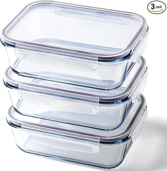 Glass Food Storage Containers | 3 Pack Large Set 52oz/6.4 cup | BPA-Free Airtight LeakProof Lid | Glass Food Containers | Glass Containers with Lids | Oven, Freezer & Dishwasher Safe