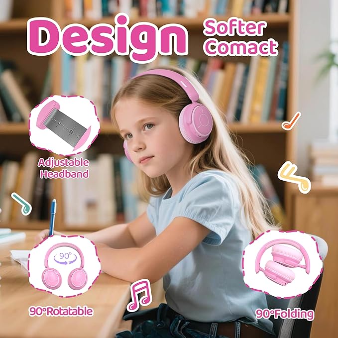 MIDOLA Kids Headphones Bluetooth 5.4 Wireless Volume Limited 85/94dB Hearing Protection Over Ear,68 Hours Playtime Foldable with Cable Aux Wired Built-in Mic for Toddler Child Travel School Pink