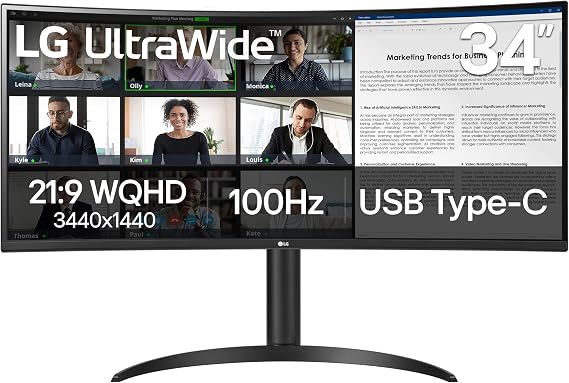 LG 34WR55QK-B 34-inch UltraWide WQHD (3440 x 1440) Curved Computer Monitor, 100Hz, 5ms, HDR10, Reader Mode, HDMI, DisplayPort, USB Type-C, Tilt/Height Adjustable Stand, Black