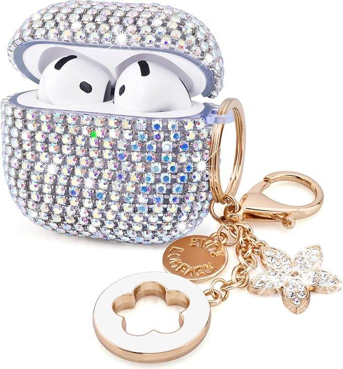 VISOOM Cute Jewelry Case for Airpods 4 Cases 2024 Cover Women, Sparkly Air pods 4 Gen Case Hard TPU Airpod Case 4th Generation Glitter iPods 4 Cases with Bling Keychain for iPods Earbuds Airpods 4th