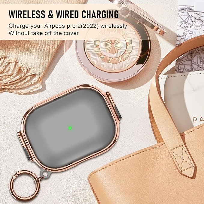 Maxjoy for Cute Airpods Pro 2 case with Safety Lock,Compatible Airpods Pro Case 2nd/1st Gen,Compatible Plating Solid Color AirPods Case Cover for Men Women Girly with Keychain-Transparent Black