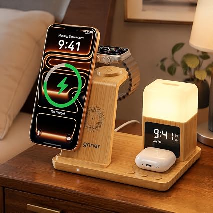 6 in 1 Wireless Charging Station with Clock & Night Light，Alarm Clocks for Bedrooms,Wireless Charger Stand with Beside Clock for iPhone 18/17/16/15/14/13/12 Pro Max, Apple Watch,Airpods (Wood)