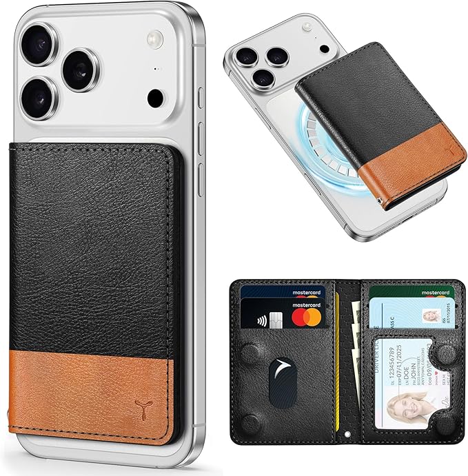 TUCCH for Magsafe Card Holder with Clear ID Window, Fit 6 Cards, RFID Blocking PU Leather Magnetic Phone Wallet for iPhone 17/16/15/14/13/12/Plus/Air/Pro/Pro Max Series, Textured Black & Light Brown