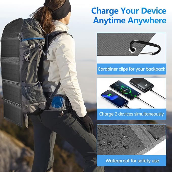 35W Portable Solar Charging Panel with USB-A/Type-C/DC Ports for Mobile Phones, Waterproof Smartphone Battery Charger, Foldable Solar Panel for Emergency Camping, Outdoor and Travel (Grey)