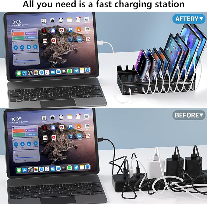 200W USB C Charging Station,Charger with 10 PD Ports, Stations for MacBook, iPhone, Android Cell Phone, iPad, Tablet, Family Multi-Device Organizer Charging Dock