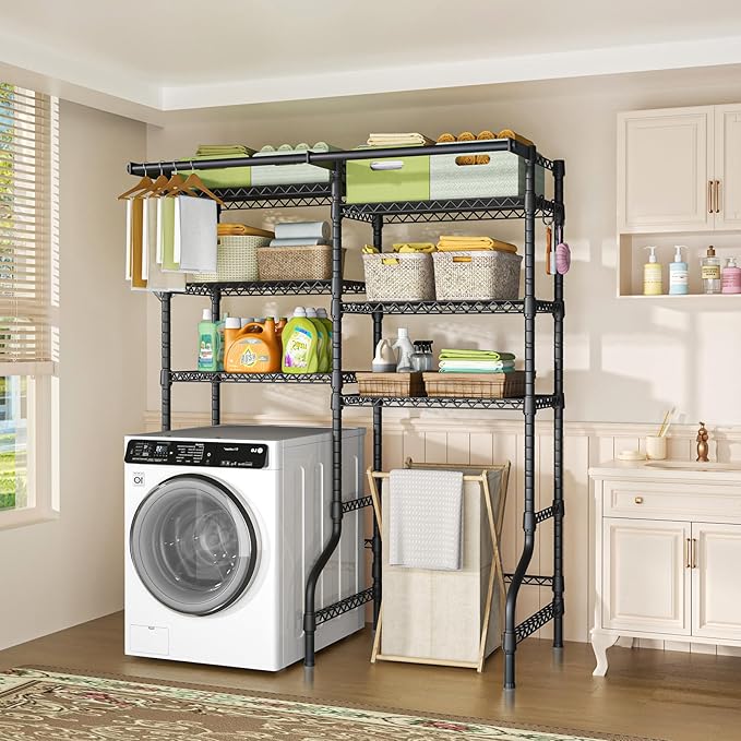 Ulif U13 Over Washer and Dryer Storage Shelves, 6 Tiers Laundry Room Standing Shelf with 2 Hanger Rods, Space Saver Clothes Drying Rack, 63.4" W x 22" D x 77.4" H, Black