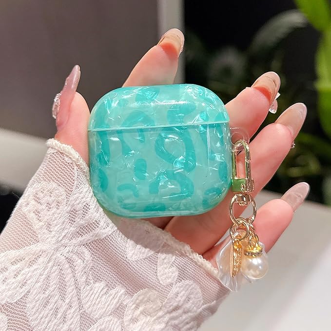for Airpod 4 Cute Case with Shell Pearl Keychain Luxury Aesthetic Leopard Hard Protective Cover Compatible with AirPods 4th Generation Case 2024 for Girls Women (Turquoise Blue)