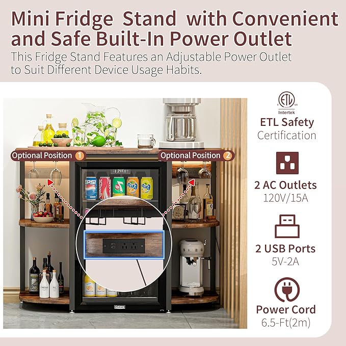 Mini Fridge Stand with Power Outlet and Led Light,Microwave Stand with Storage,Mini Fridge Cabinet with Wine Rack ,Bar Cabinet with Fridge Suitable for Kitchen,Dining Room,Living Room, Rustic Brown