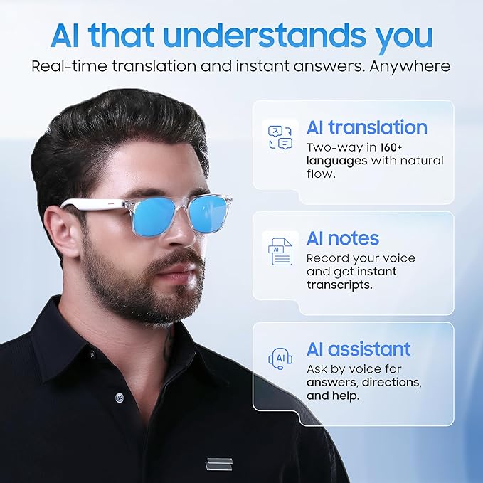 LIMU Gen 5 Smart Glasses, AI Glasses with Real-Time AI Interpreter - Open-Ear Bluetooth Glasses with Speakers for Calls & Music, Touch Control, Ice-Blue Lens Style, Premium Build for Women & Men