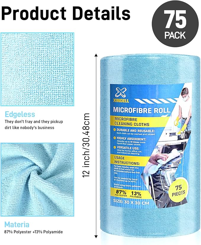 XINDELL Microfiber Cleaning Cloth Roll – 150 Pack 12"x12", Tear-Off Microfiber Towels, Lint-Free, Ultra Absorbent Car Detailing & Cleaning Cloths – Blue