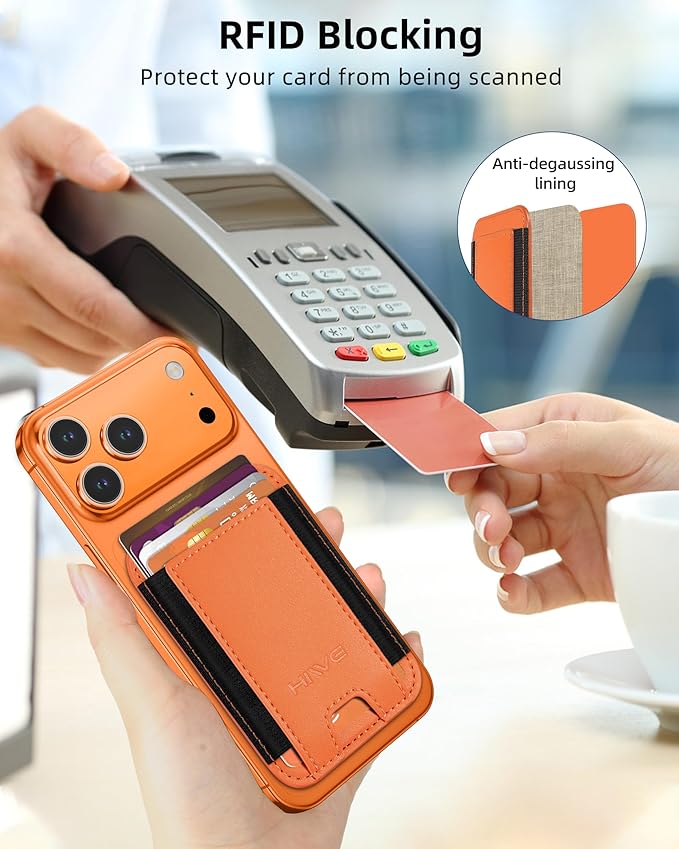 HiWe for MagSafe Wallet, Stronger Magnetic Wallet for iPhone 17/16/15/14/13/12 Series, 7 Cards Holder, Vegan Leather Minimalist Slim RFID, 1 Slot, Cosmic Orange & Black
