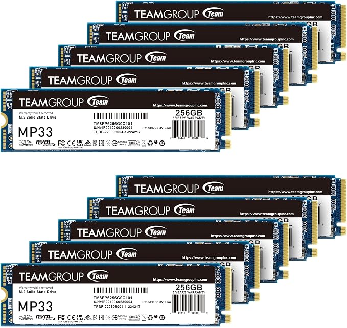 TEAMGROUP MP33 256GB 10 Pack SLC Cache 3D NAND TLC NVMe 1.3 PCIe Gen3x4 M.2 2280 Internal Solid State Drive SSD Read/Write Speed up to 1600/1000 MB/s Compatible with Laptop & Desktop TM8FP6256G0C1P2