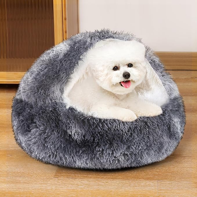 NOYAL Round Hooded Donut Dog Bed for Small & Medium Pets - Plush Fluffy Anti-Anxiety Cat Cave Bed with Cover