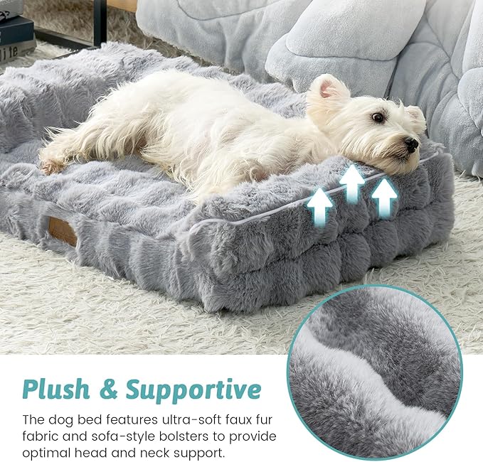 Faux Fur Orthopedic Dog Bed, Dog Bed for Medium Size, Supportive Foam Pet Sofa with Waterproof Lining Cover, Washable U-Shaped Pet Couch with Anti-Slip Bottom, Grey M 30x20x6.5 inch