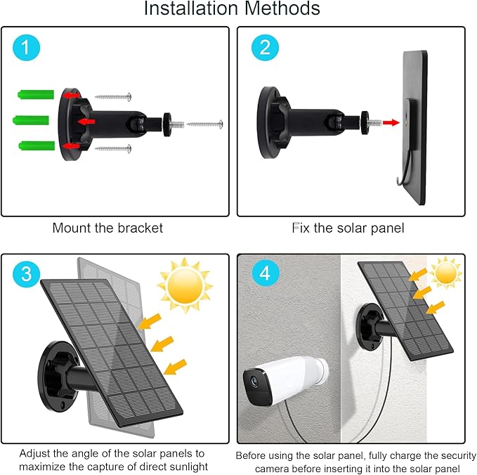 Solar Panel for Outdoor Camera, IP66 Waterproof Solar Charger, Continuous Solar Power Supply for Security Cameras, with 10ft Cable Type-C Port & Micro USB Adapter Solar Panel, 360° Adjustable Bracket