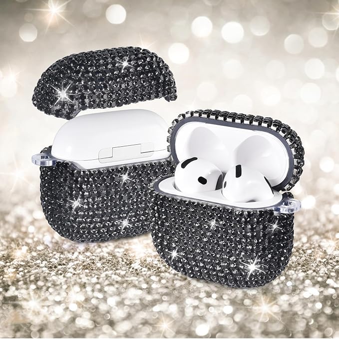 VISOOM Cute Jewelry Cases for Airpods 4 Cases 2024 Cover Women, Sparkly Air pods 4 Gen Case Hard TPU Airpod Case 4th Generation Bling Glitter iPods 4 Cas Keychain for iPods Earbuds Airpods 4th-Black