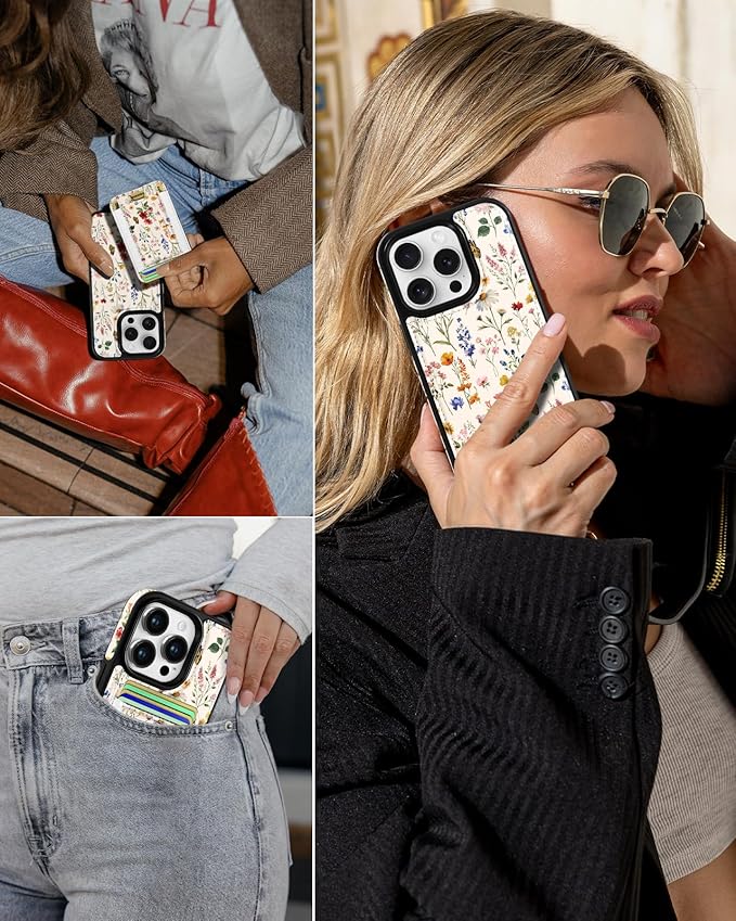 Shorogyt for iPhone 15 Pro Wallet Case - Fits 5 Cards, Compatible with Magsafe Detachable Magnetic Credit Card Holder Leather Cardholder Cute Phone Cover Women Girls for Apple 15Pro, Floral